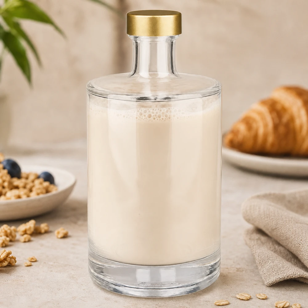 500ml Glasflasche "Sam" + Schraubverschluss gold UNiTWIST 500ml Glasflasche Sam mit Milch befüllt goldener UNiTWIST Verschluss Frühstücksszene Croissants Müsli Lifestyle