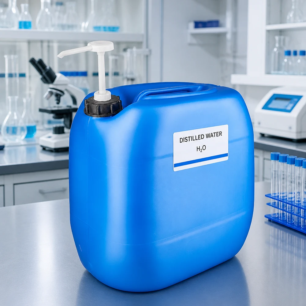 Kanister 30 Liter blau mit Dosierpumpe Großer blauer Kunststoffkanister mit Pumpaufsatz im professionellen Laborumfeld