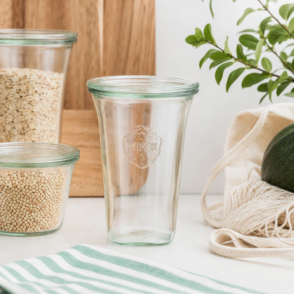 WECK 795ml Quadroglas RR100 leer mit Glasdeckel in nachhaltiger Zero-Waste Küche neben Hülsenfrüchten und Jutebeutel