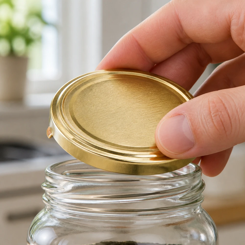 Hand platziert goldenen 58mm Schraubdeckel auf transparentem Vorratsglas UNiTWIST BPA-NI