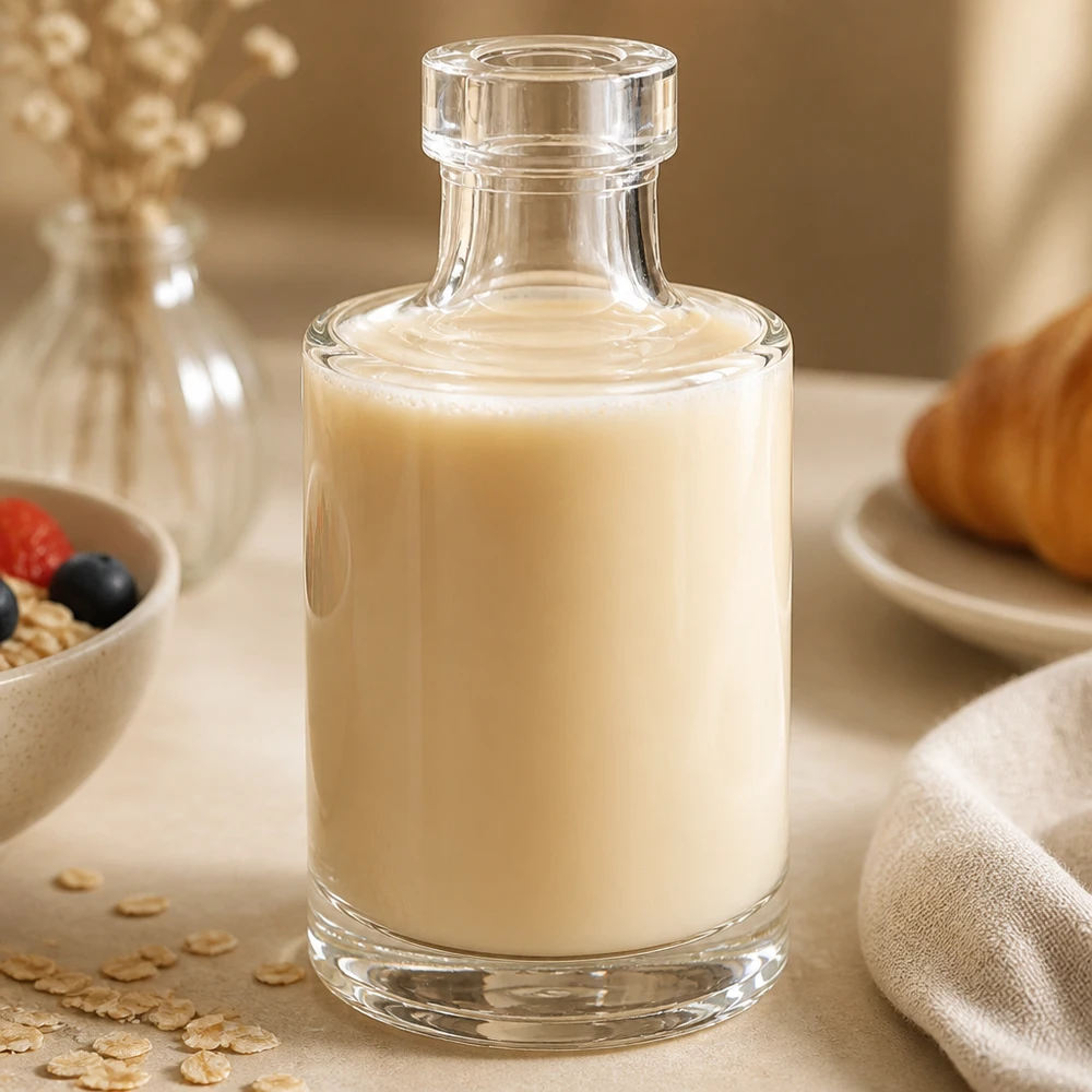 100ml Glasflasche Marie mit cremigem Inhalt in stilvoller Küchenumgebung mit Müsli und Haferflocken als Deko