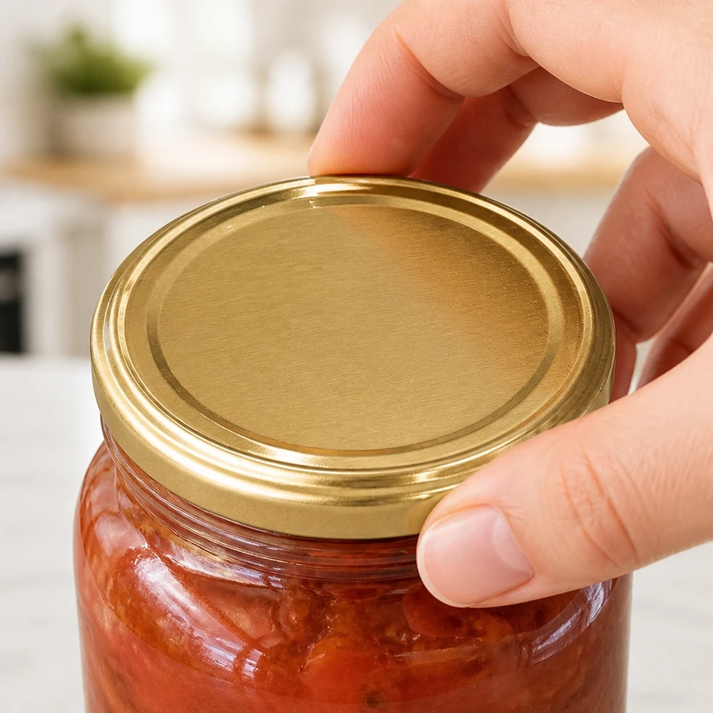 UNiTWIST TO82 gold, BioSeal, BPA-NI, unitemp TO82 Einmachdeckel gold BioSeal Verschluss auf Glas mit Tomatenstücken Küche