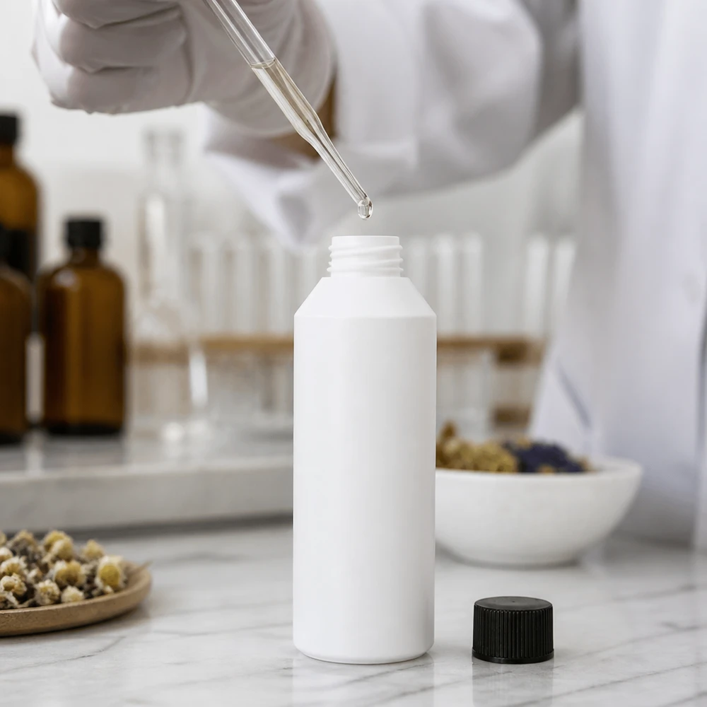 Apothekenflasche HDPE 250ml weiß, mit schwarz Schraubverschluss Weiße 250ml Flasche mit schwarzem SV für pharmazeutische Flüssigkeiten und Naturkosmetik