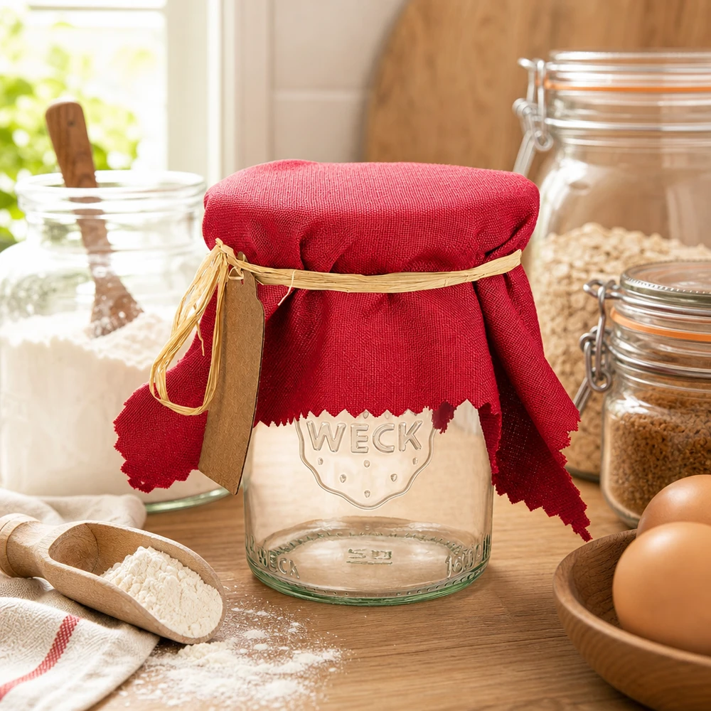 Bordeauxrotes Stoff Schmuckdeckchen 15cm auf WECK Glas mit Raffia-Band in gemütlicher Landhausküche mit Eiern und Mehl