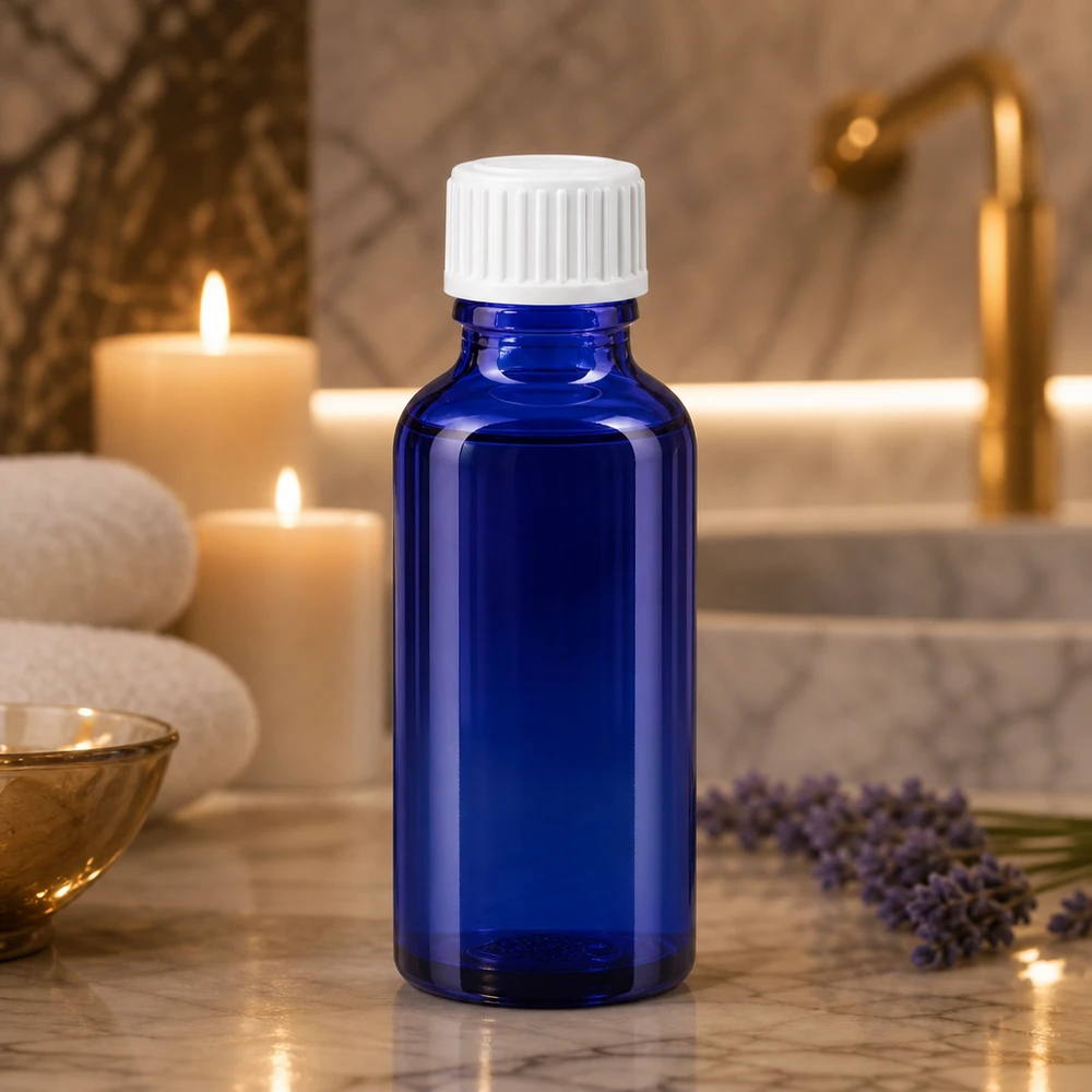Apothekenflasche blau 30ml Schraubverschluss weiß Globuli Standard Kobaltblaue 30ml Pharmaflasche aus Apothekerglas mit weißem Sicherheitsverschluss im Spa