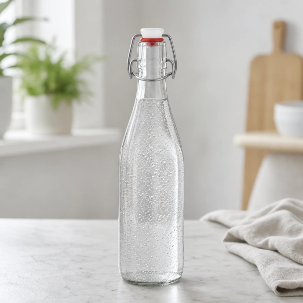 500ml Glasflasche und Bügelverschluss PVC UNiTWIST 500ml Glasflasche Bügelverschluss mit Sprudelwasser befüllt moderne Küche Trinkflasche Wasserflasche Kohlensäure