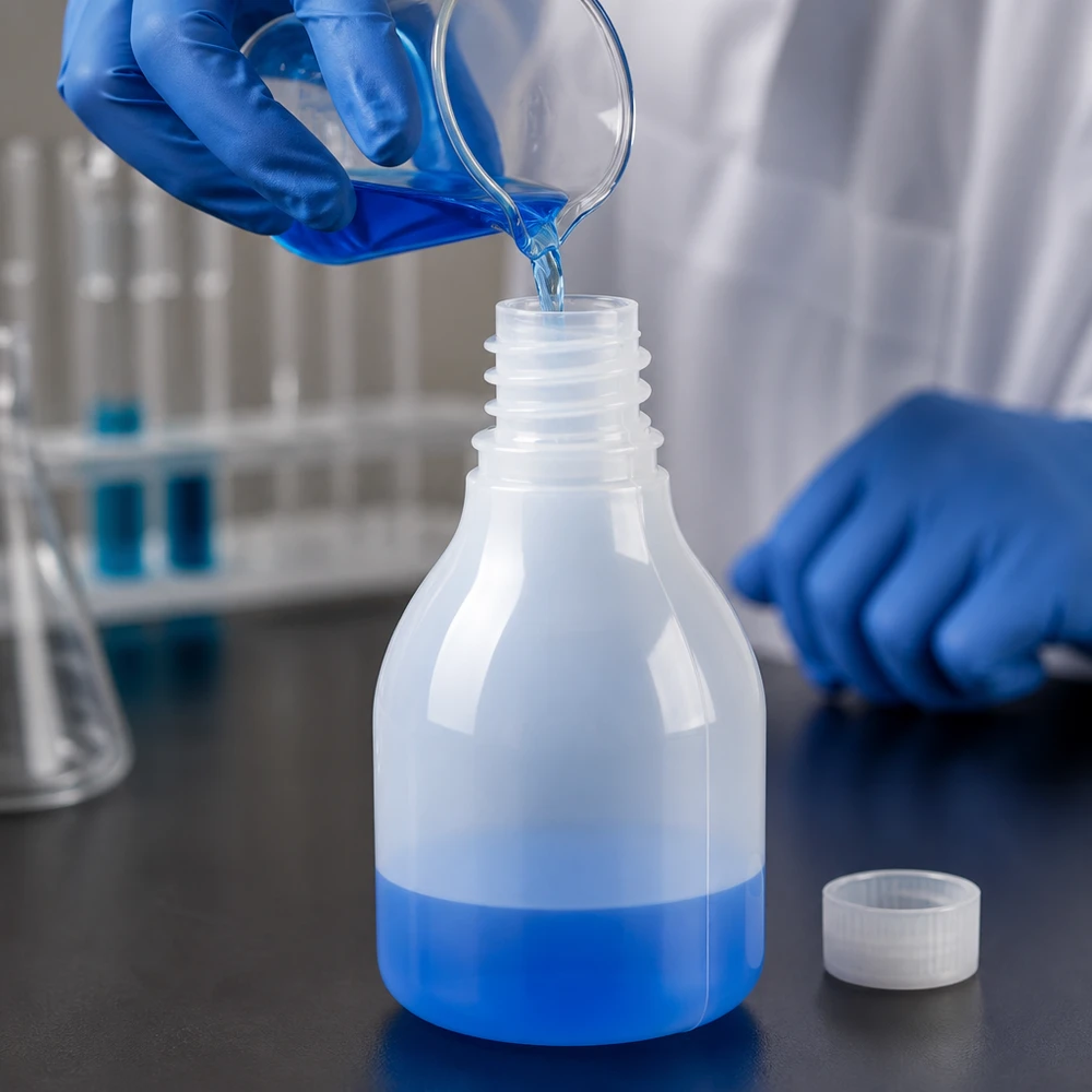 30ml Laborflasche Enghals beim Transferieren von blauer Lösung aus Erlenmeyerkolben