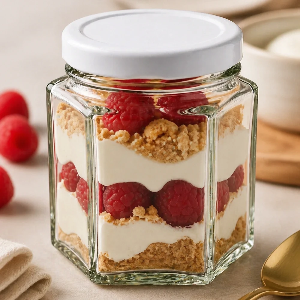 47ml Hexaglas mit weißem BasicSeal Deckel als Dessertglas mit Schichtdessert aus Beeren und Creme befüllt