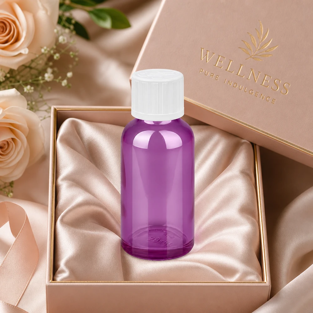 30ml Tropfflasche 1.2mm weiß Standard Kindersicher PurpleLine.UT18/30 Kompakte 30ml Flasche in Purple mit kindersicherem UT18 Verschluss für mobile Produktaufbewahrung