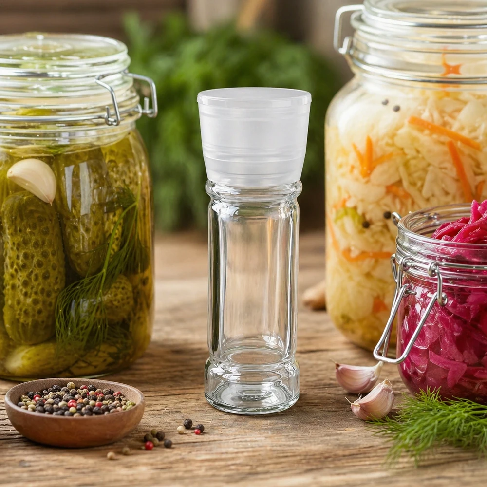 Salz-/Gewürzglas 100ml mit Mühle Vario weiss Kleines Salzmühlenglas 100ml in Tischszene mit Fermentiergemüse und Pfefferkörnern