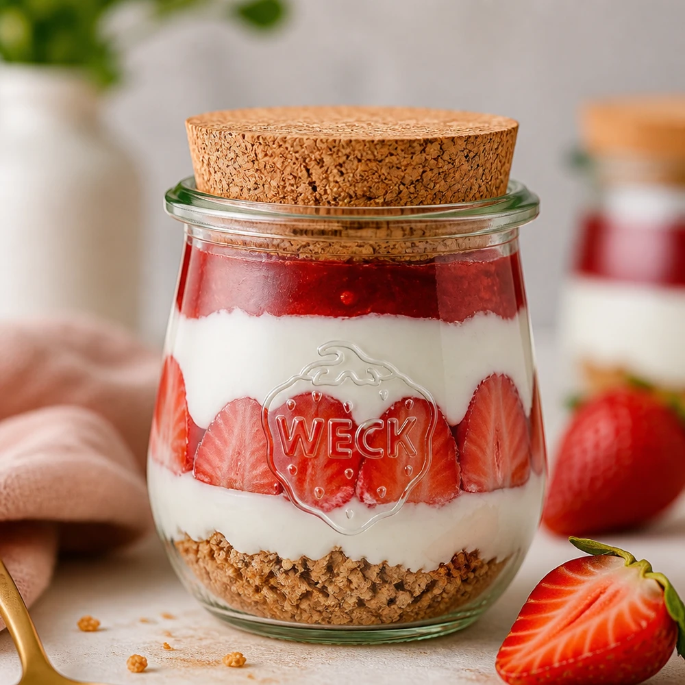 WECK Tulpenglas 220ml RR60 mit Korken als Dessertglas für Erdbeer-Schichtdessert mit Joghurt und Keksboden