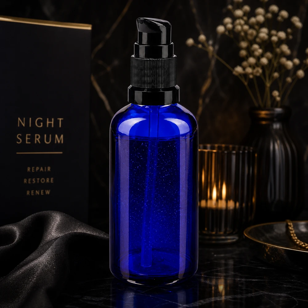 Apothekenflasche blau 50ml PumpVerschluss schwarz Standard Blaue 50ml Glasflasche STD mit schwarzem Pumpaufsatz für hochwertige Kosmetikformulierungen