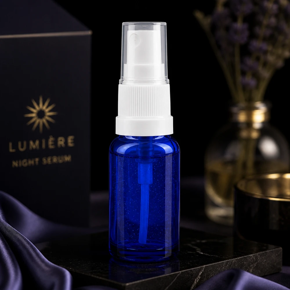 Kompakte blaue Apothekerflasche 10ml mit Zerstäuber ideal für Nachtserum und Pflegeprodukte