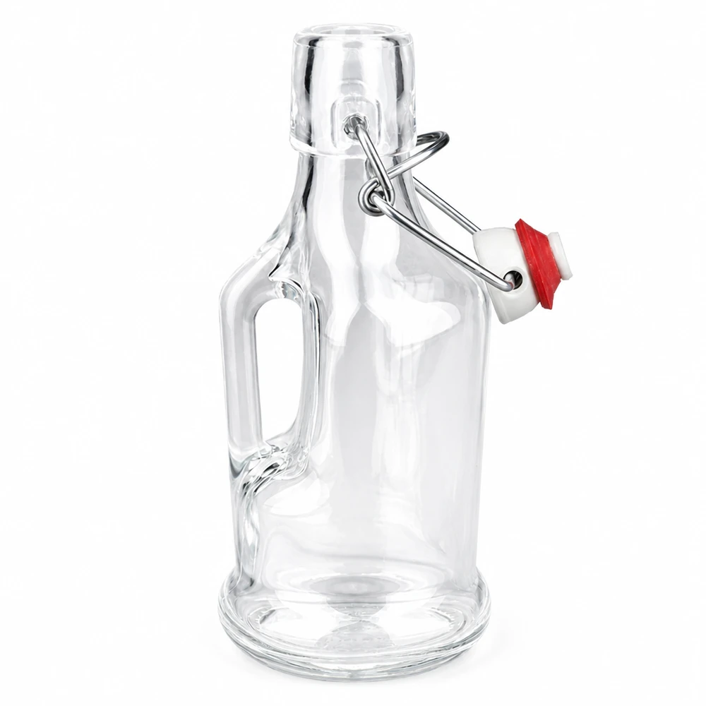 Glasflasche Bertha 200ml mit rotem Gummiring am Bügelverschluss und Henkel Detail Seitenansicht UNiTW