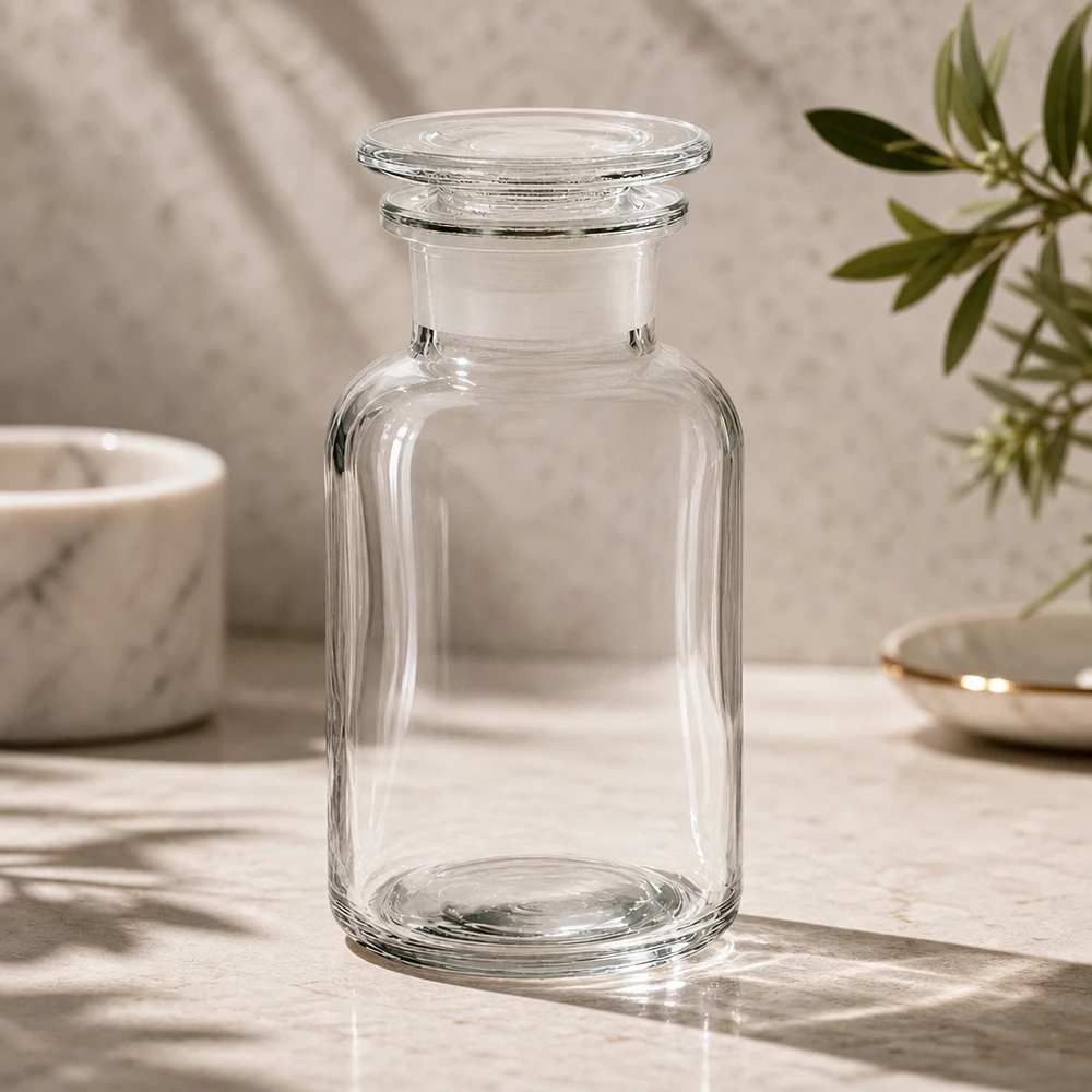 Transparente Vorratsflasche 250ml mit Weithals und Glasstopfen aus hochwertigem Borosilikatglas