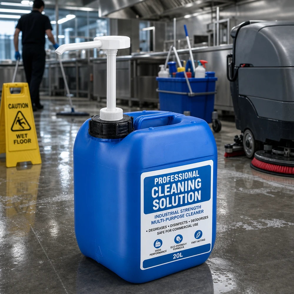 Kanister 5 Liter blau mit Dosierpumpe Industriekanister mit Pumpspender für professionelle Bodenreinigung in Gastronomiebetrieb