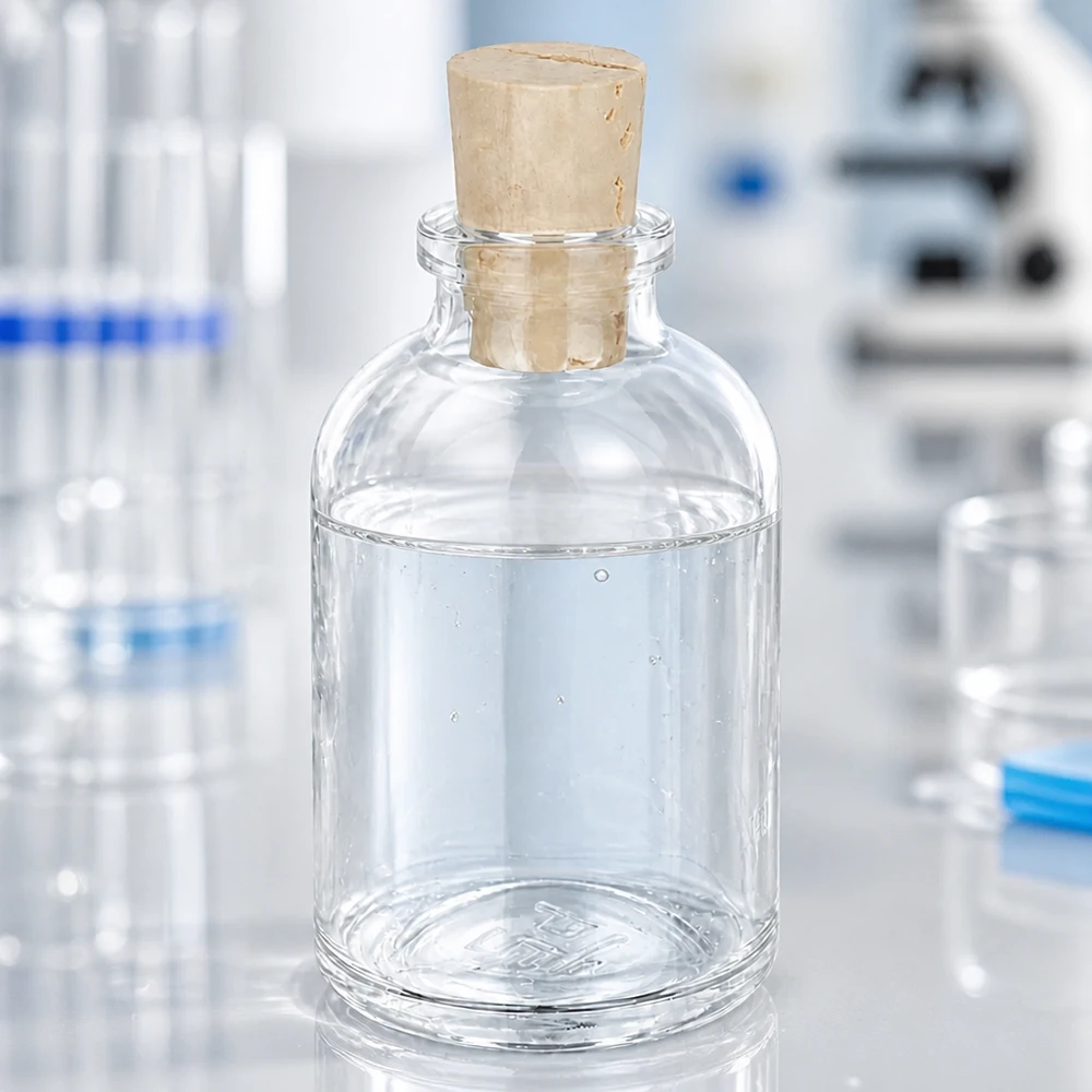 Flasche Klarglas 50ml mit Korken 11/14mm Klarglasflasche 50ml mit Korken gefüllt mit farbloser Flüssigkeit im Laborumfeld