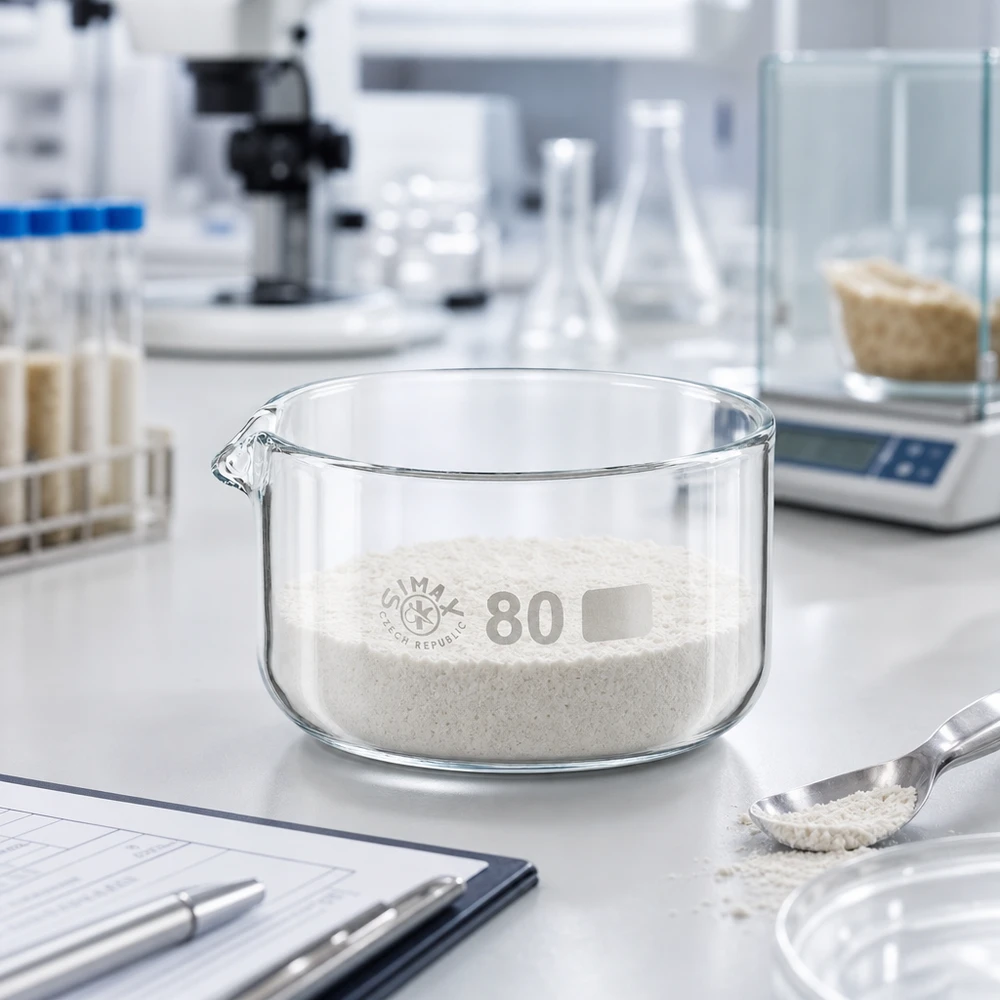 SIMAX Laborglas 150ml Kristallisierschale mit feinem weißen Granulat gefüllt ø80mm