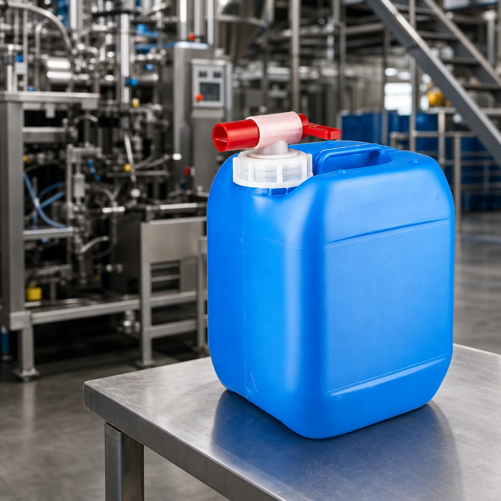 Blauer HDPE Kanister 5 Liter mit Auslaufventil für chemische Flüssigkeiten im Industriebetrieb