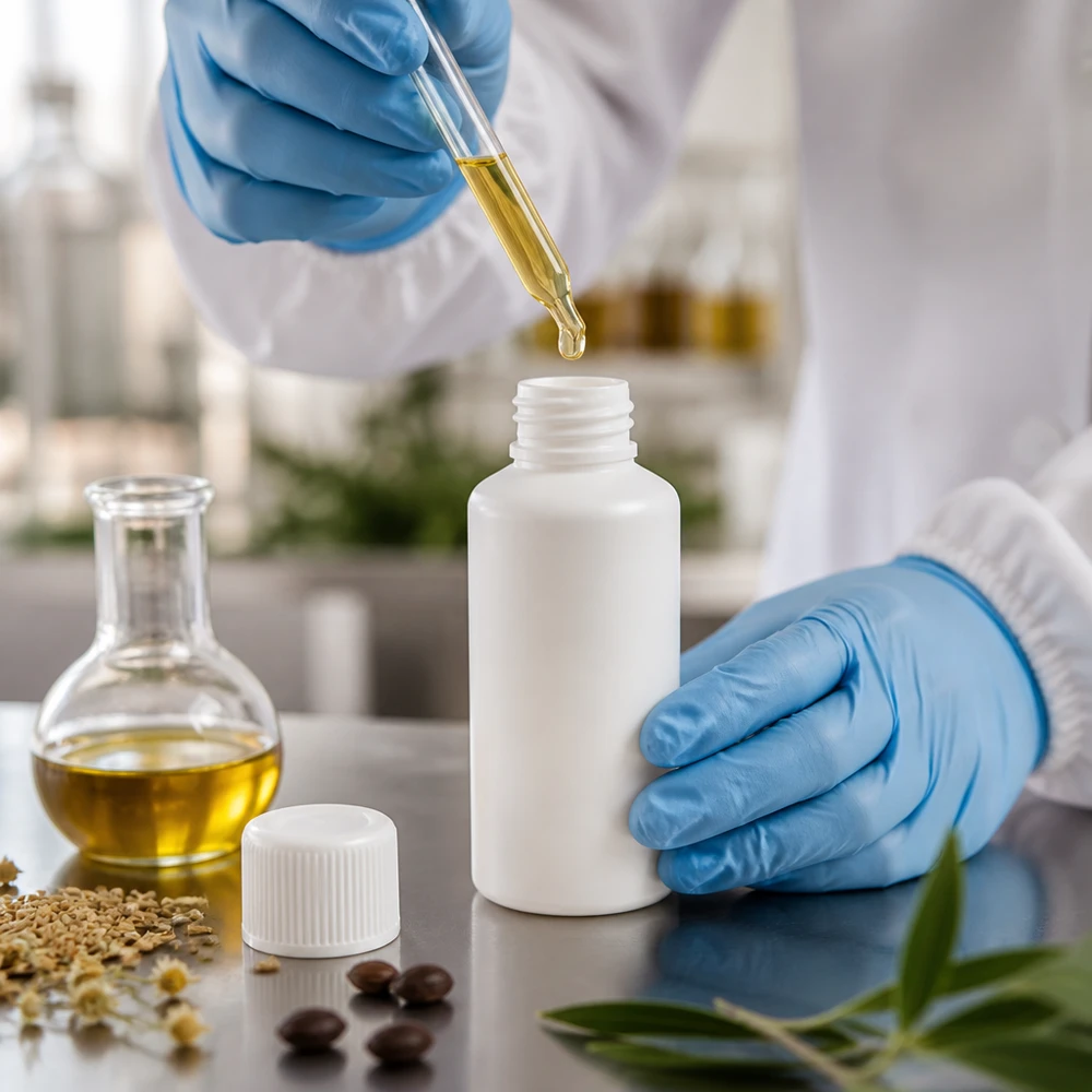 Befüllung einer weißen 50ml HDPE Flasche mit goldfarbenem Pflanzenöl im Labor