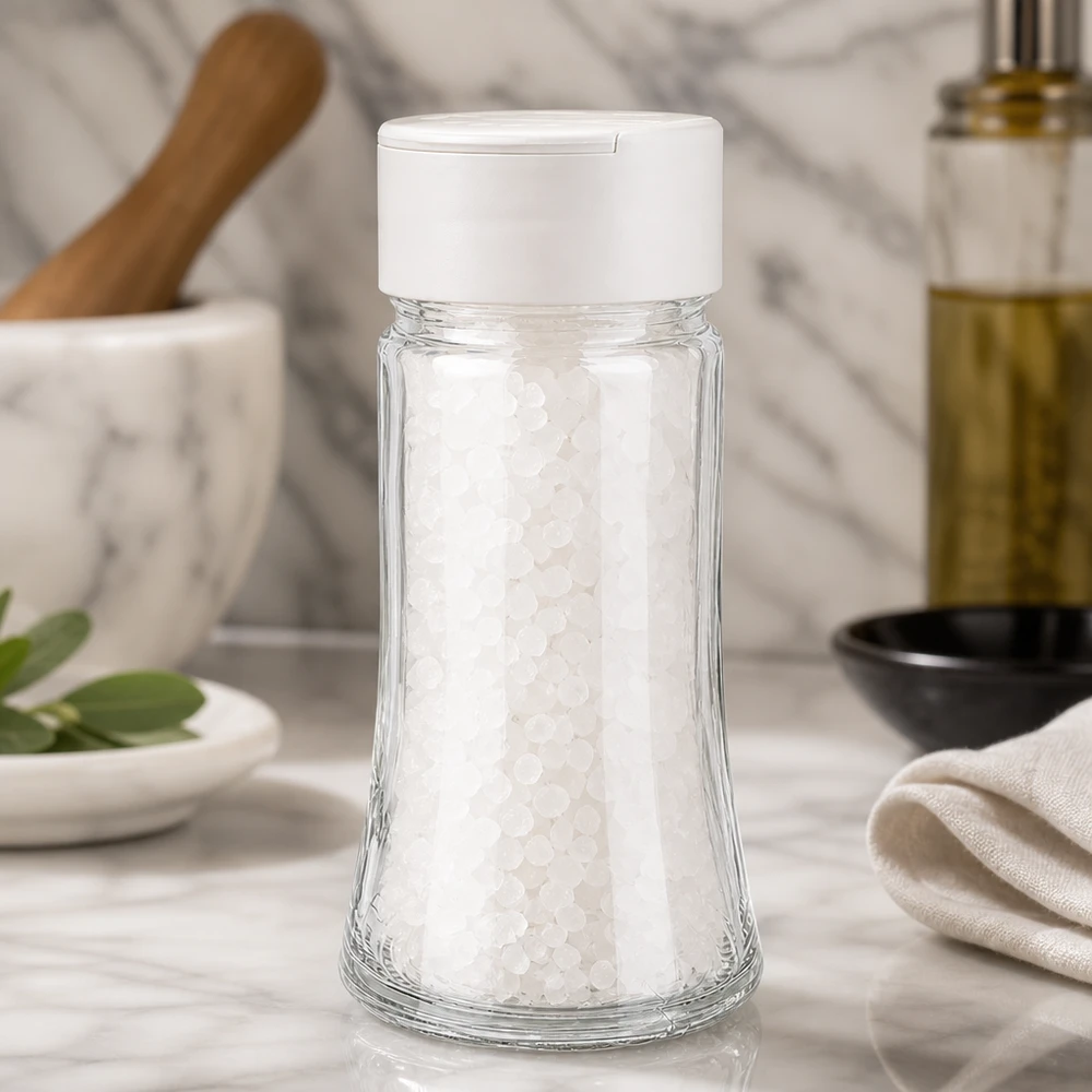 Salz-/Gewürzglas 95ml mit Doppelstreuer weiss Klares Salzglas 95ml mit weißem Doppelstreuer auf Marmor elegant praktisch für Küche