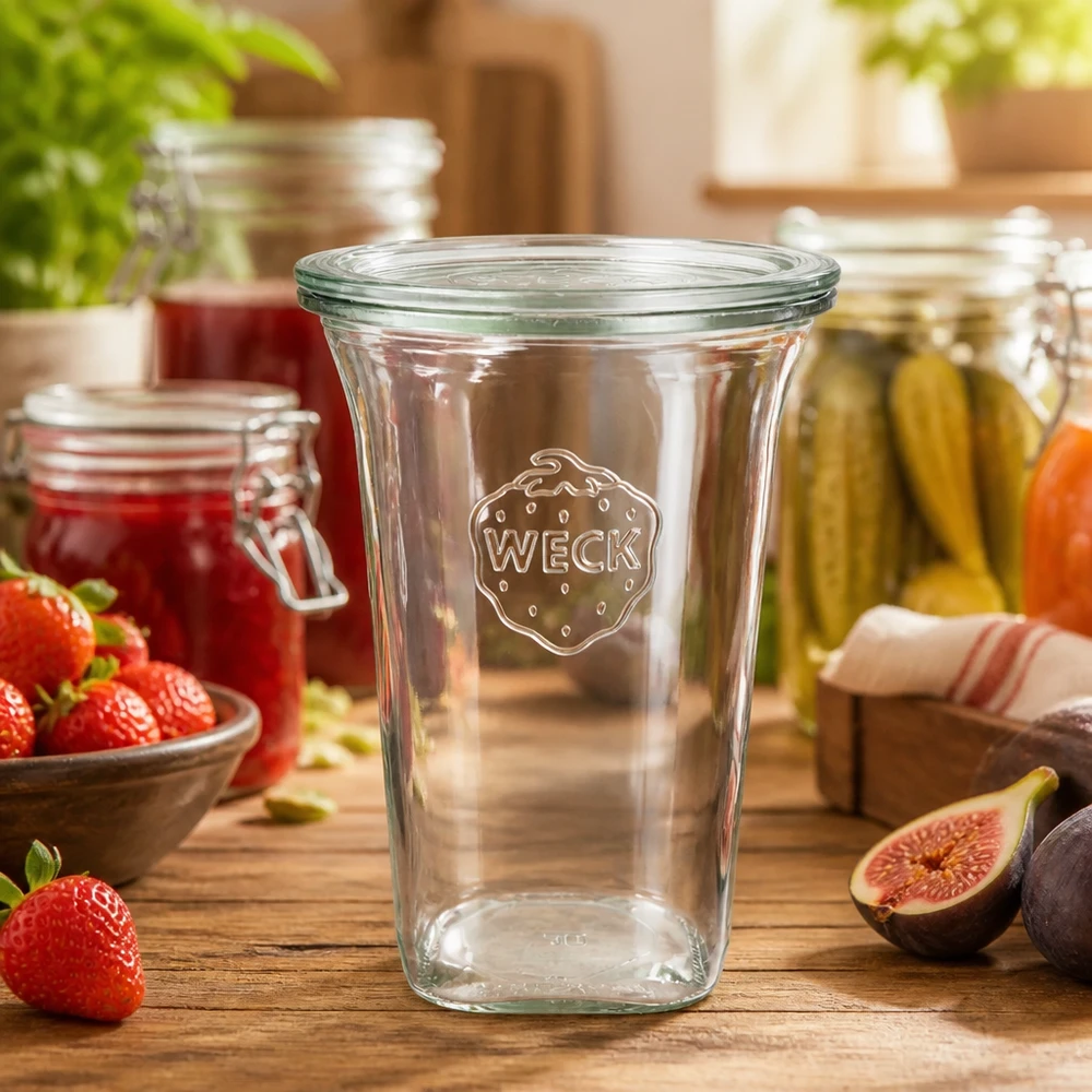 WECK Quadroglas 795ml RR100 in Küchenumgebung mit frischen Früchten Einmachgläsern und Holztisch Lifestyle