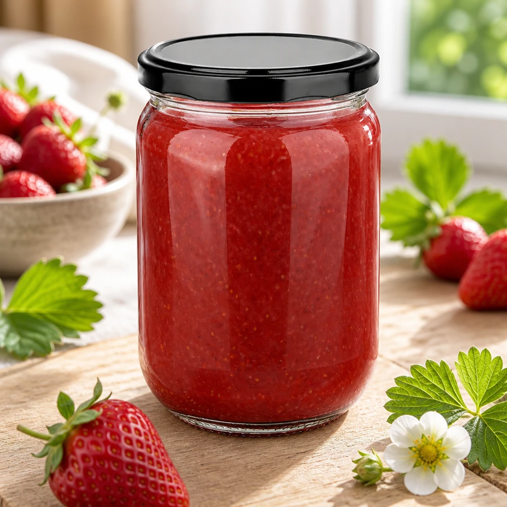 555ml Rundglas BasicSeal schwarz für Marmeladen und Konfitüren mit Erdbeerfüllung