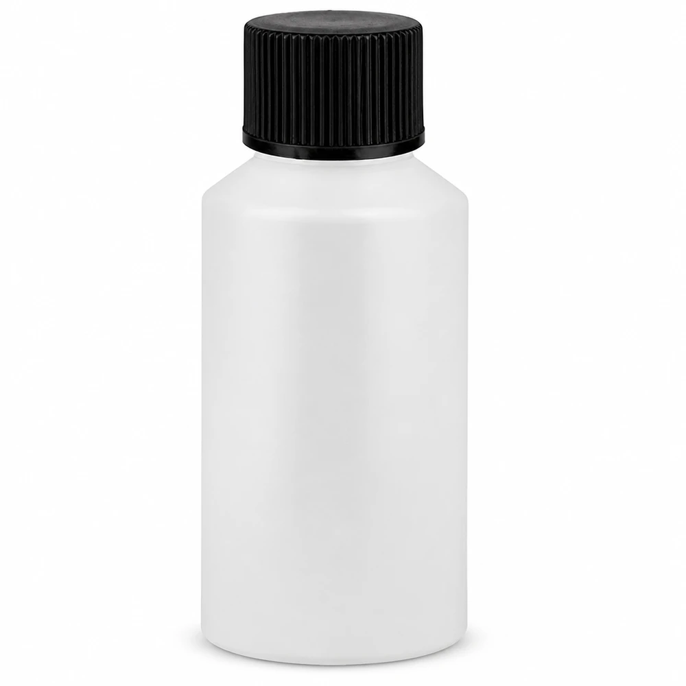 Apothekenflasche HDPE 50ml weiß, mit schwarzem Schraubverschluss HDPE Flasche 50ml weiß undurchsichtig mit schwarzem SV für Flüssigkeiten und Öle
