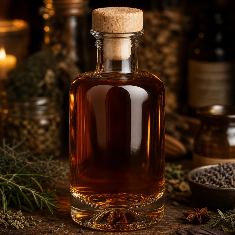 100ml Glasflasche Sofia mit Holzkorken gefüllt mit bernsteinfarbenem Likör zwischen Kräutern und Gewürzen apotheker-stil