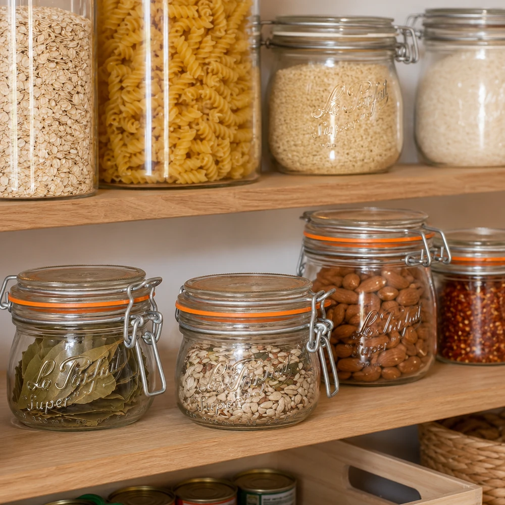 250ml Le Parfait Super Vorratsglas mit Bügelverschluss in organisierter Küchenpantry mit Pasta Nüssen und Gewürzen