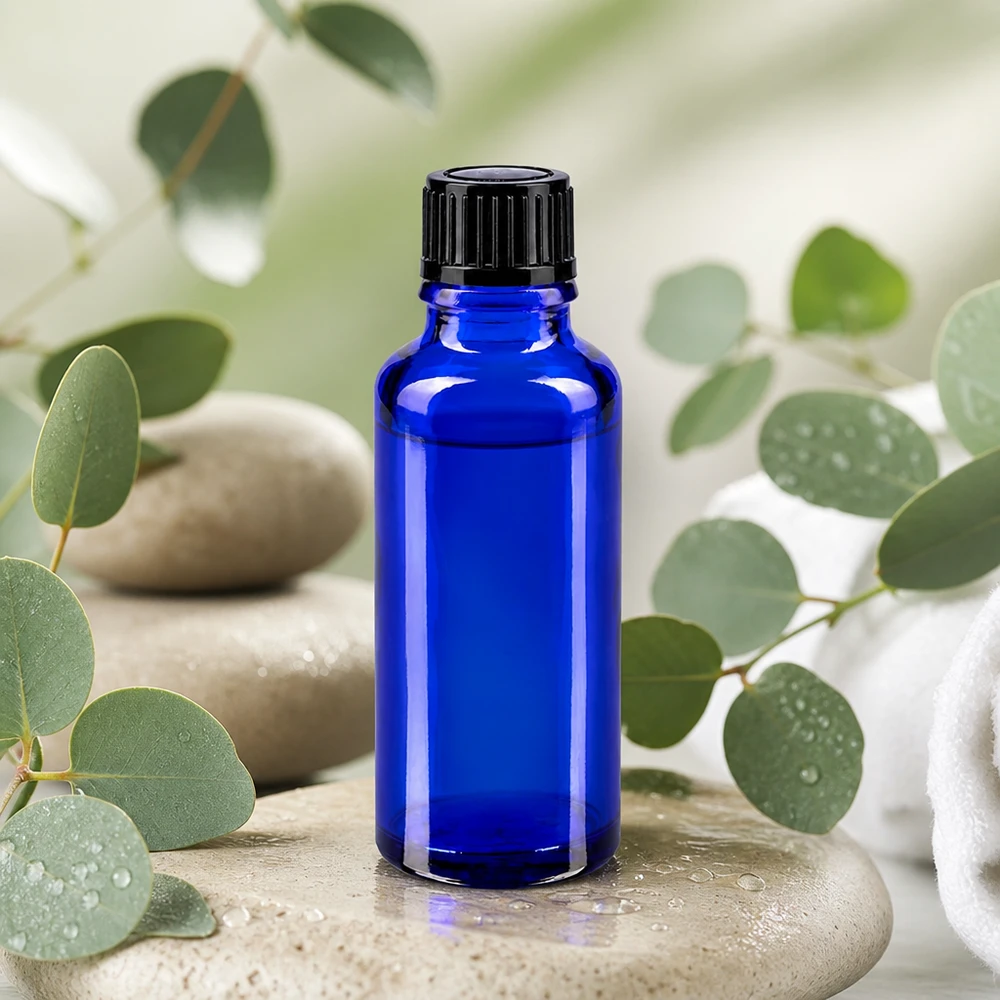 Apothekenflasche blau 30ml Schraubverschluss schwarz Standard Blaue Glasflasche 30ml für ätherische Öle mit Eukalyptuszweigen und Spa-Steinen