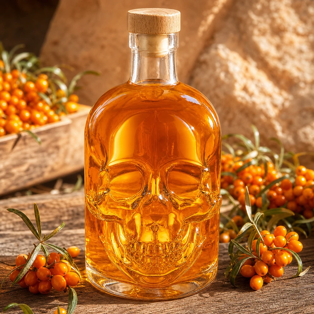 500ml Glasflasche "Jack" mit Holzgriff-Korken UNiTWIST Glasflasche Jack 500ml Totenkopf-Design mit bernsteinfarbener Flüssigkeit und Sanddornbeeren auf Holzuntergrund