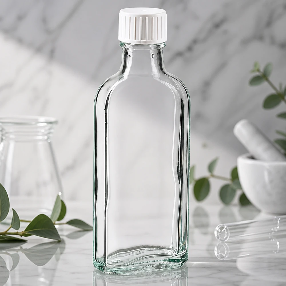 Flachmann-förmige 100ml Apothekerflasche klar mit Schraubverschluss und Dosierhilfe