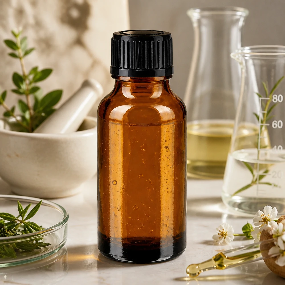 Apothekenflasche braun 20ml Schraubverschluss schwarz Standard Apothekerflasche 20ml Braunglas mit Pipette und weißen Blüten auf Marmoruntergrund