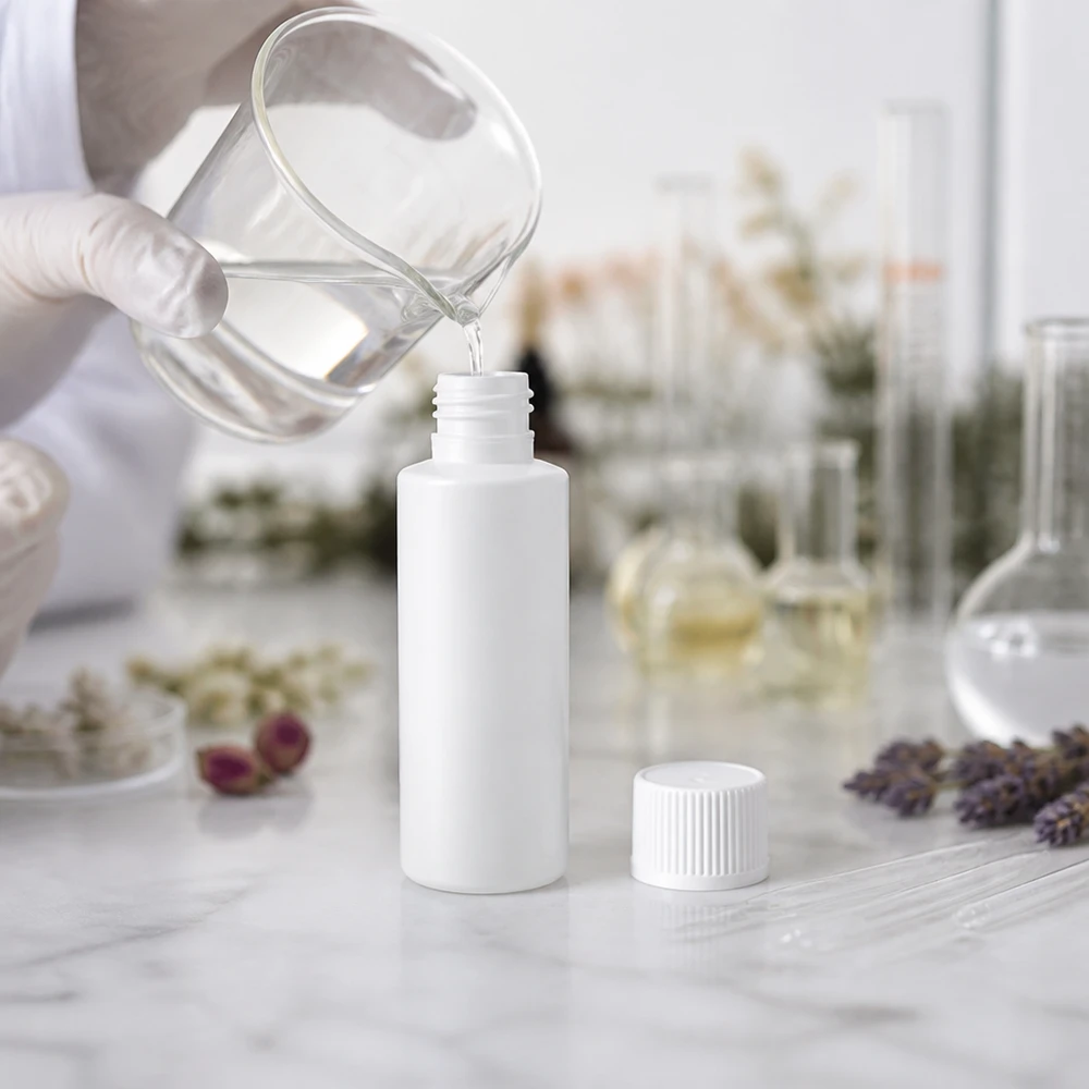 Apothekenflasche HDPE 30ml weiß, mit weißem Schraubverschluss Weiße 30ml HDPE Rundflasche mit kindersicherem Verschluss auf Marmoroberfläche im Labor