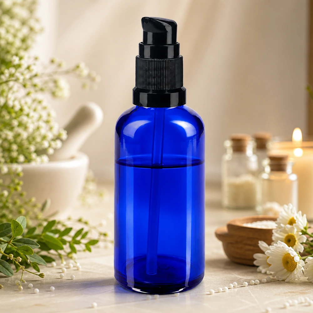 Apothekenflasche blau 50ml PumpVerschluss schwarz Standard 50ml kobaltblaue Glasflasche mit schwarzem Pumpverschluss umgeben von Naturkräutern