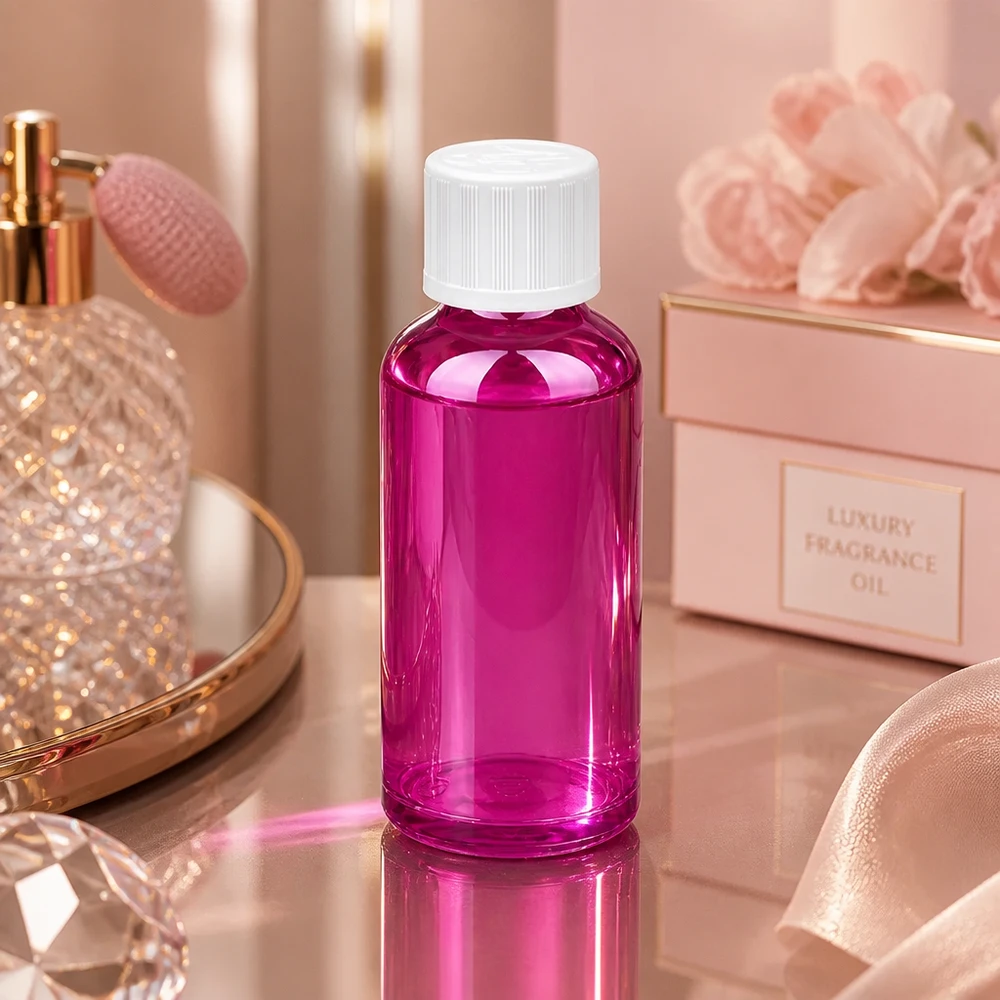 50ml Flasche 11mm Schraubverschluss weiß Standard Kindersicher PurpleLine UT18/50 Stylische 50ml Designerflasche in magentafarbenem Finish mit weißem Verschluss
