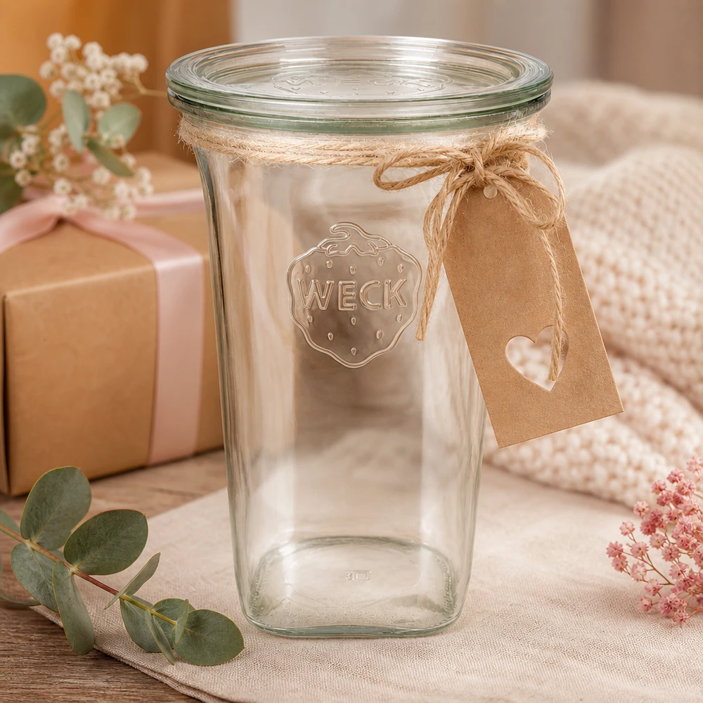 WECK 795ml Quadroglas RR100 leer mit Kraftpapier-Anhänger und Jute-Schleife als Geschenkidee neben Dekoration