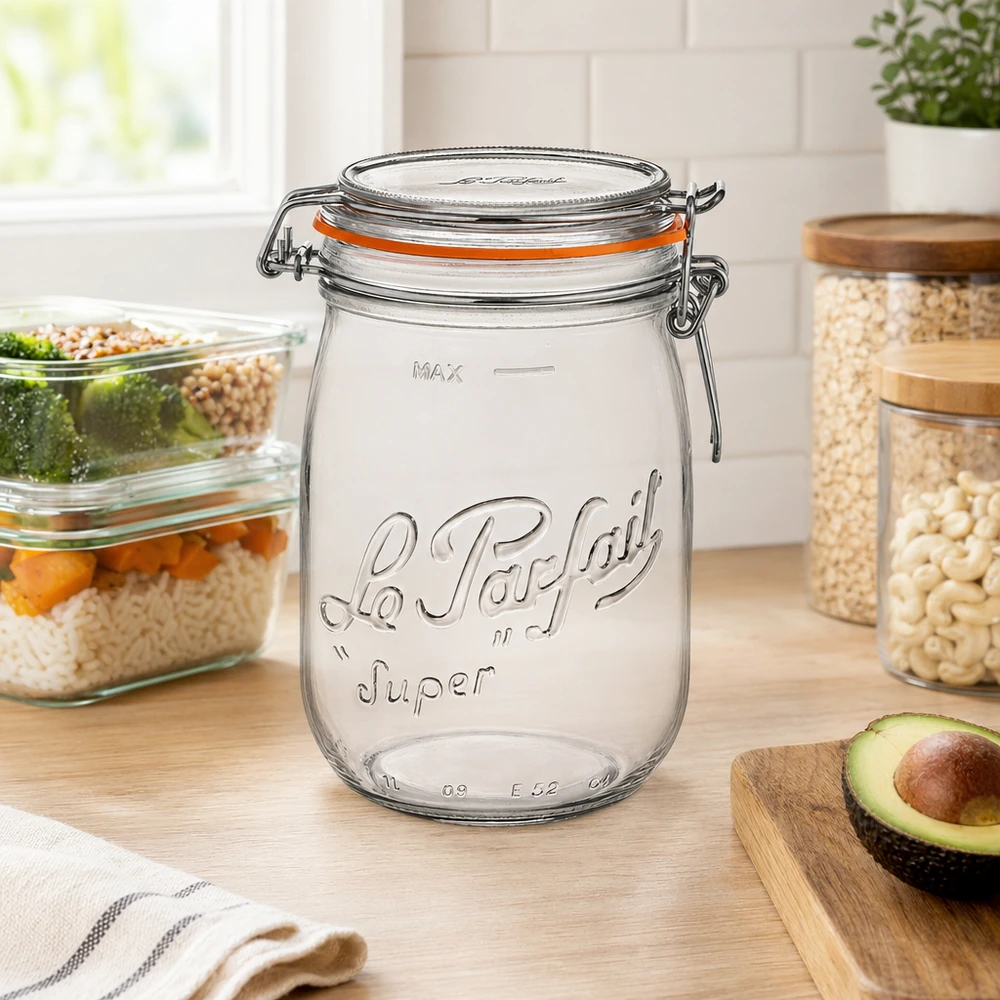 1000ml Le Parfait Super Vorratsglas mit Bügelverschluss in moderner Küche neben Avocado und anderen Vorratsbehältern