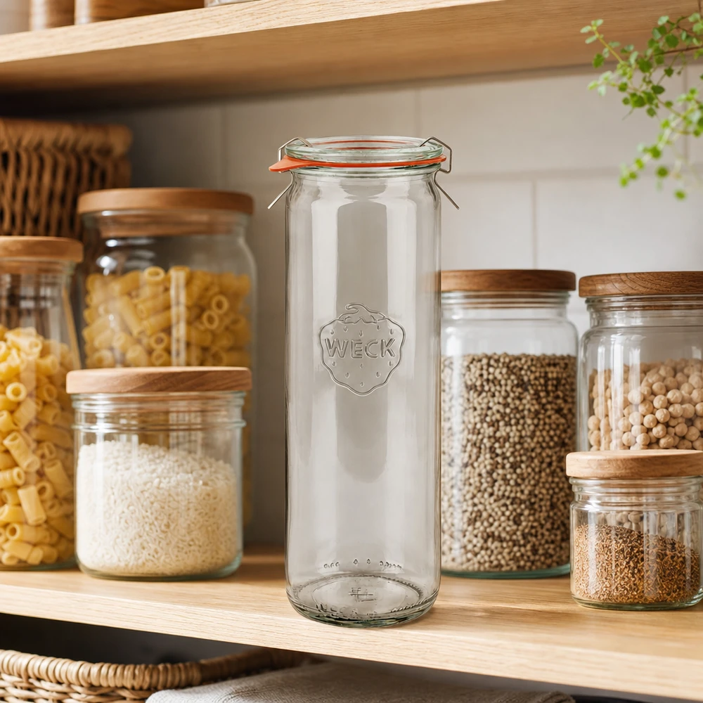 WECK Zylinderglas 600ml RR60 leer in Vorratsregal zwischen gefüllten Einmachgläsern mit Pasta und Hülsenfrüchten
