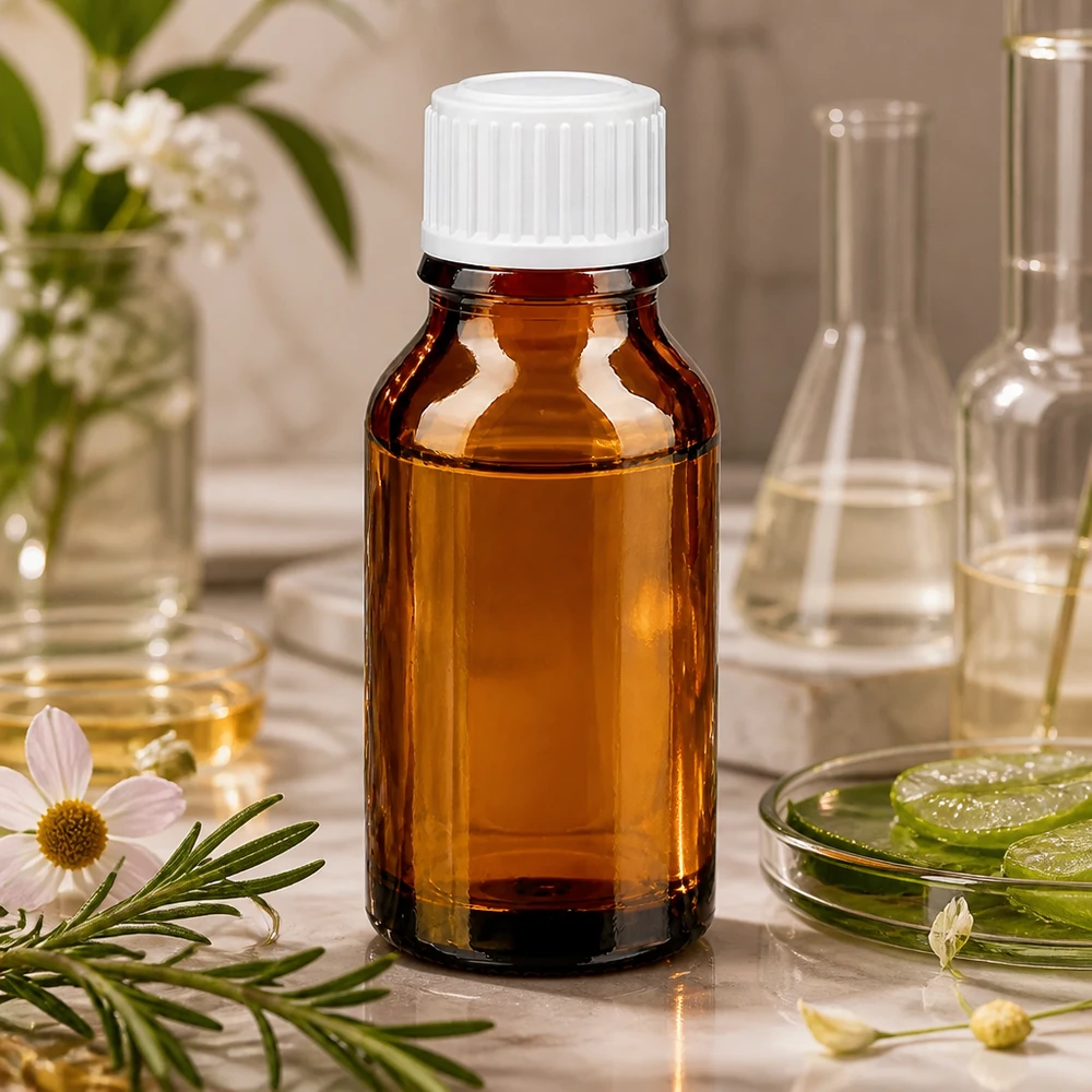 Apothekenflasche Braunglas 15ml UV-Schutz mit weißem Tropfer auf Marmoroberfläche