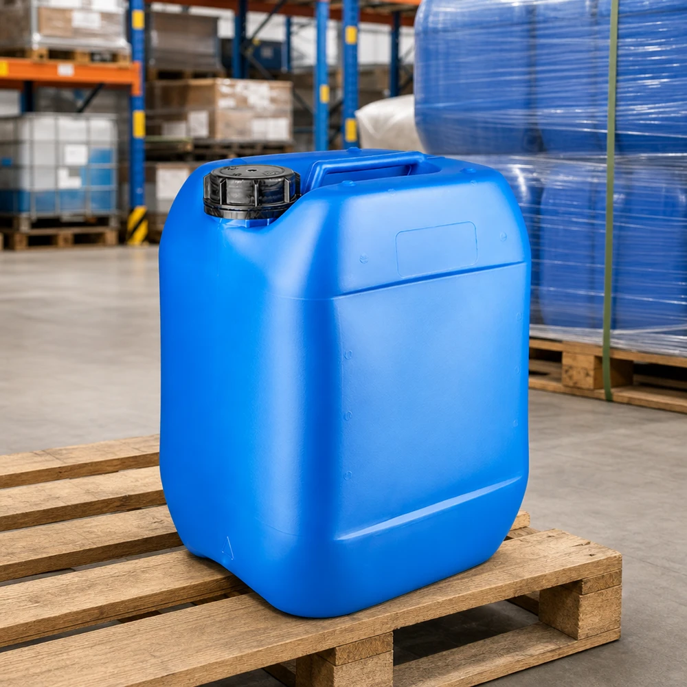 Stapelbarer Kunststoffkanister 10 Liter blau mit OV Verschluss in Lagerhaus auf Palette