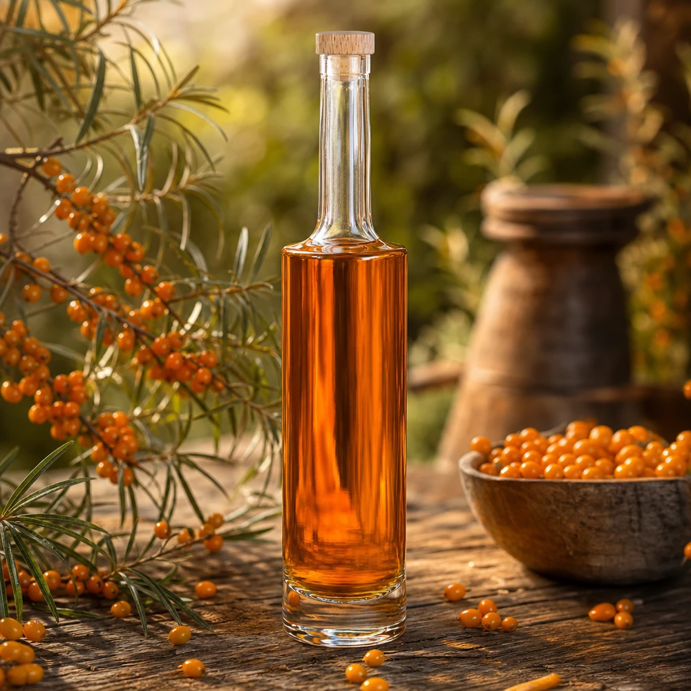 500ml Glasflasche Rosa mit orangefarbenem Sanddornlikör gefüllt neben frischen Sanddornbeeren in natürlicher Herbstszene