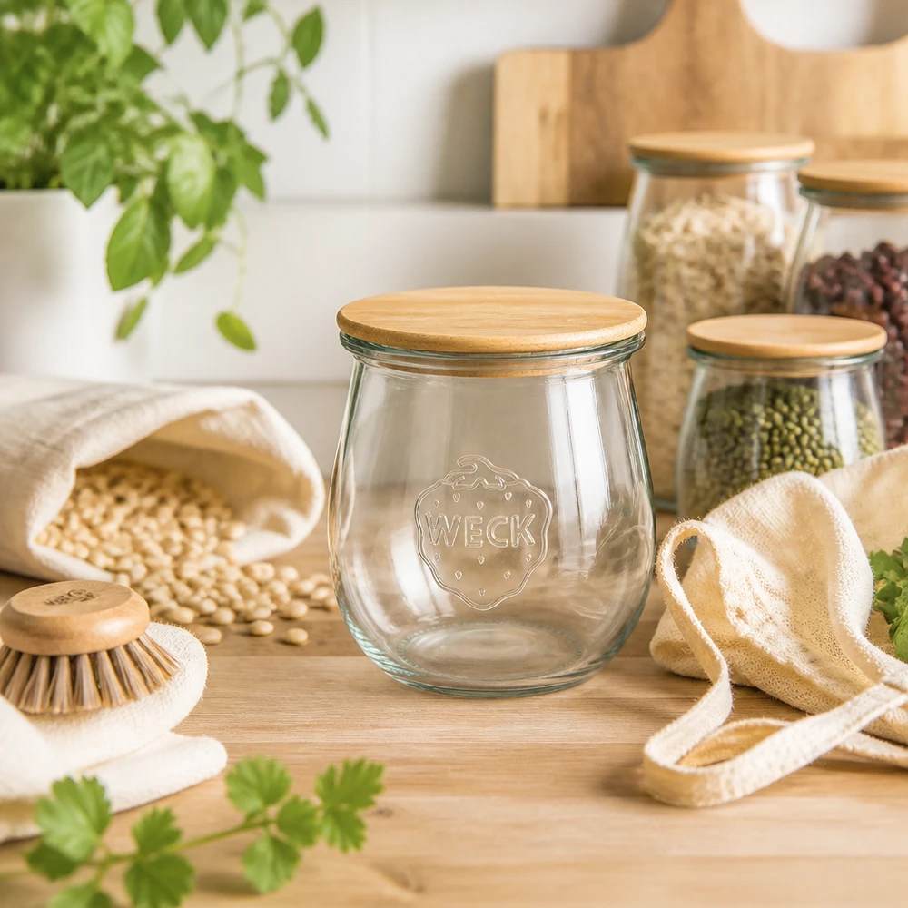 WECK Tulpenglas 220ml RR60 leeres Vorratsglas mit Holzdeckel in Zero Waste Küche mit Hülsenfrüchten und Naturmaterialien