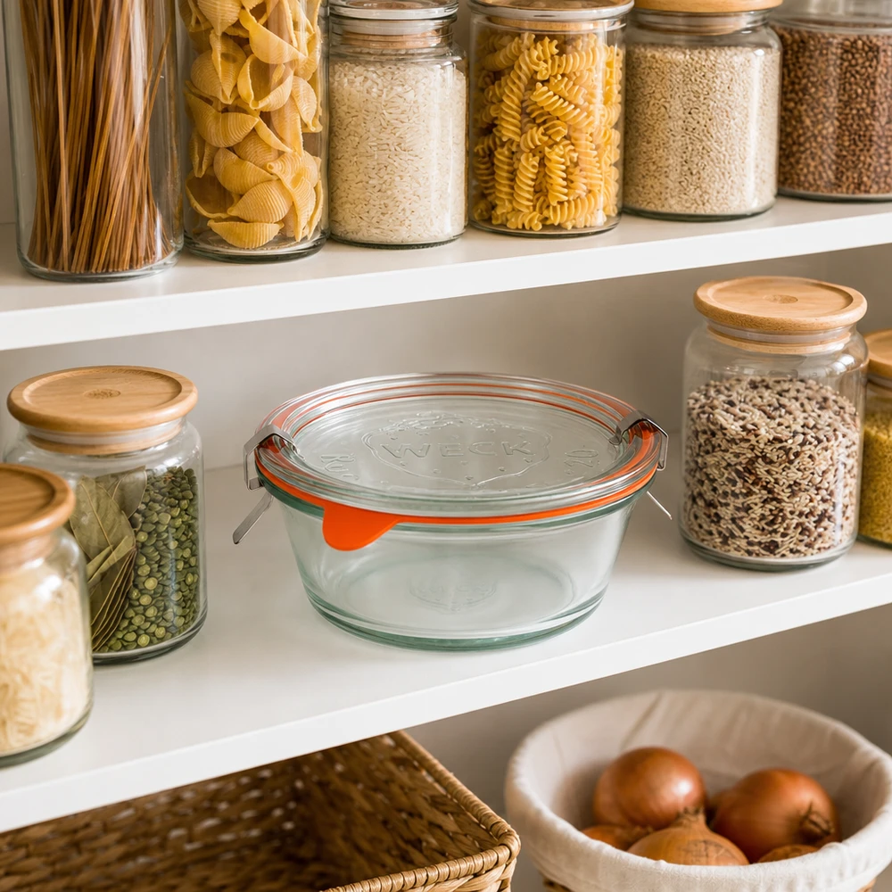 WECK Gourmetglas 300ml RR120 zur Vorratshaltung in organisierter Speisekammer mit Pasta, Reis und Hülsenfrüchten