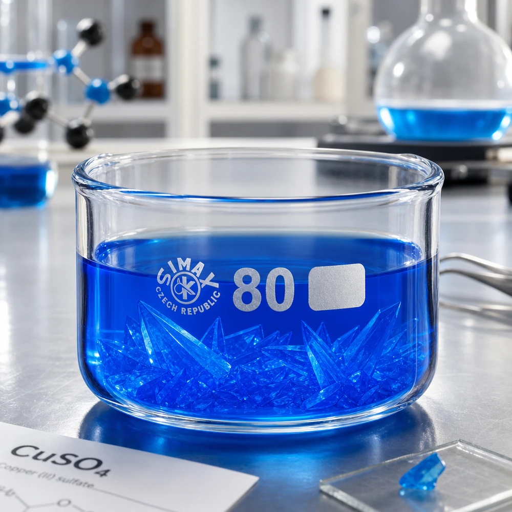 SIMAX Kristallisierschale 80mm Durchmesser mit blauen CuSO4-Kristallen im Chemielabor