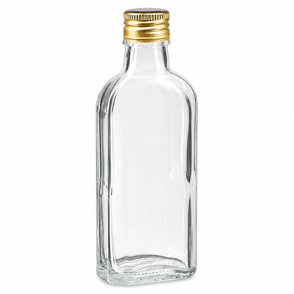 100 ml Meplat klar mit Alu Verschluss gold PP22 Kleine flache Glasflasche 100ml transparent mit goldfarbenem Schraubverschluss PP22 aus Aluminium