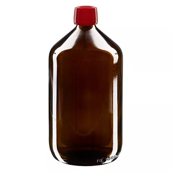 1000ml Medizinflasche braun, Verschluss rot mit Originalitätsring ApoGlas 1000ml Medizinflasche braun, Verschluss rot mit Originalitätsring ApoGlas