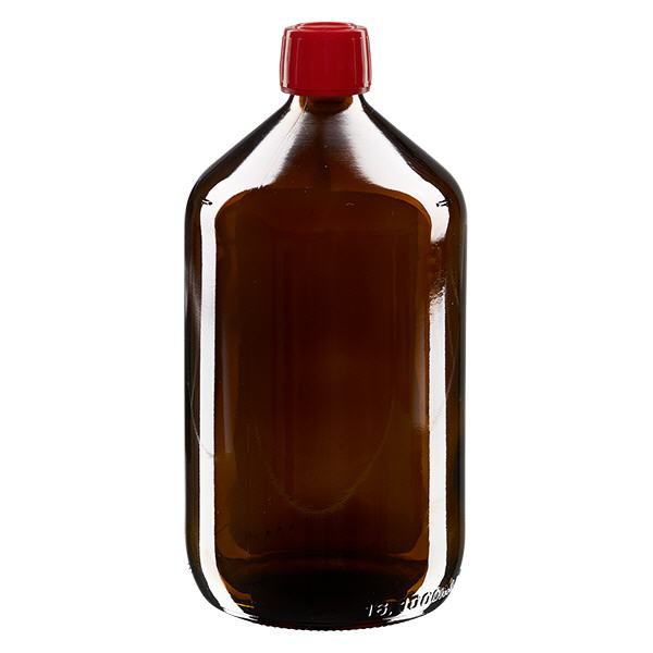 1000ml Medizinflasche braun, Verschluss rot mit Originalitätsring ApoGlas