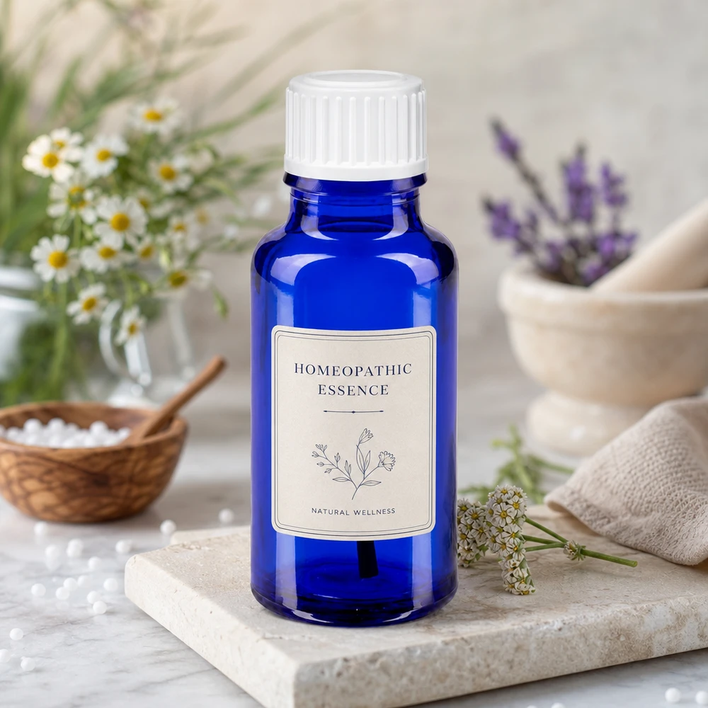 Apothekenflasche blau 20ml Schraubverschluss weiß Pinsel Blaue ApoGlas Pinselflasche 20ml STD weiß mit Lavendel und Kamillenblüten im Hintergrund